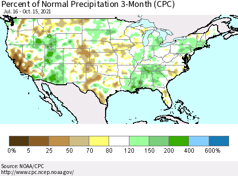 United States Percent of Normal Precipitation 3-Month (CPC) Thematic Map For 7/16/2021 - 10/15/2021