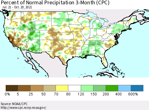 United States Percent of Normal Precipitation 3-Month (CPC) Thematic Map For 7/21/2021 - 10/20/2021