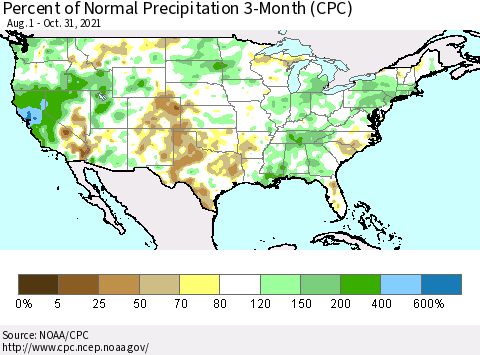 United States Percent of Normal Precipitation 3-Month (CPC) Thematic Map For 8/1/2021 - 10/31/2021