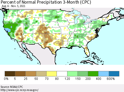 United States Percent of Normal Precipitation 3-Month (CPC) Thematic Map For 8/6/2021 - 11/5/2021