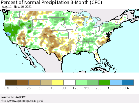 United States Percent of Normal Precipitation 3-Month (CPC) Thematic Map For 8/11/2021 - 11/10/2021