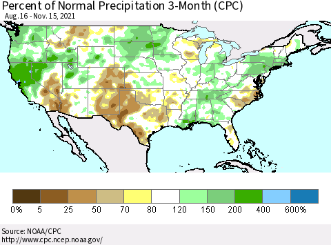United States Percent of Normal Precipitation 3-Month (CPC) Thematic Map For 8/16/2021 - 11/15/2021