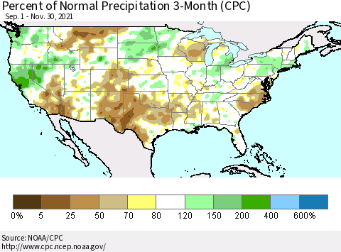 United States Percent of Normal Precipitation 3-Month (CPC) Thematic Map For 9/1/2021 - 11/30/2021