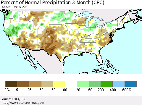 United States Percent of Normal Precipitation 3-Month (CPC) Thematic Map For 9/6/2021 - 12/5/2021