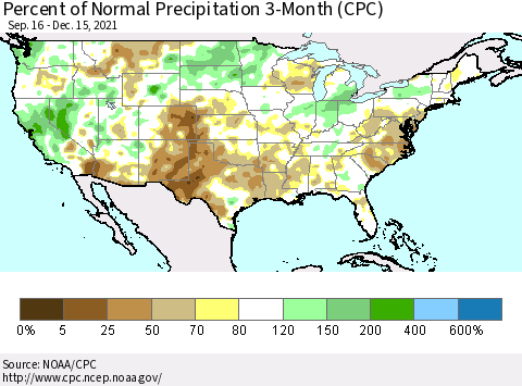 United States Percent of Normal Precipitation 3-Month (CPC) Thematic Map For 9/16/2021 - 12/15/2021