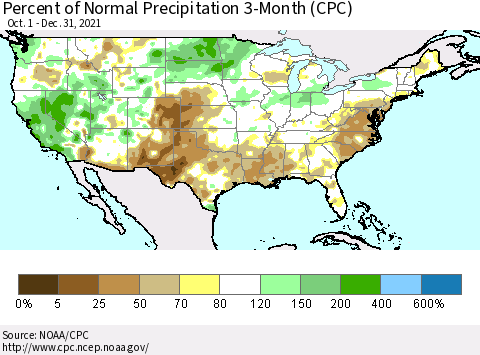 United States Percent of Normal Precipitation 3-Month (CPC) Thematic Map For 10/1/2021 - 12/31/2021