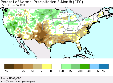 United States Percent of Normal Precipitation 3-Month (CPC) Thematic Map For 10/11/2021 - 1/10/2022
