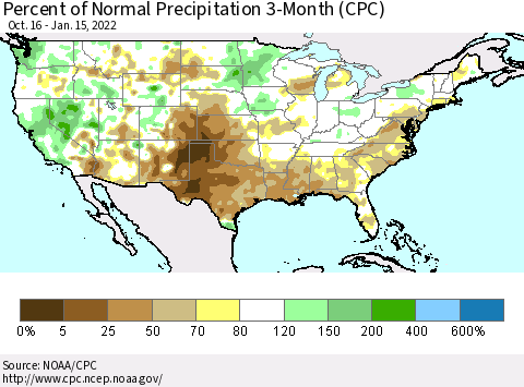 United States Percent of Normal Precipitation 3-Month (CPC) Thematic Map For 10/16/2021 - 1/15/2022