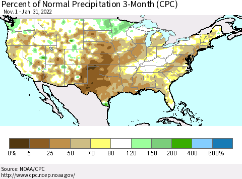 United States Percent of Normal Precipitation 3-Month (CPC) Thematic Map For 11/1/2021 - 1/31/2022