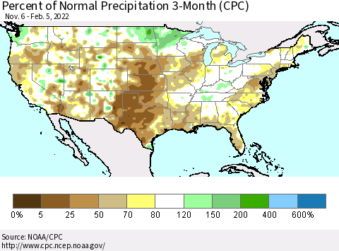 United States Percent of Normal Precipitation 3-Month (CPC) Thematic Map For 11/6/2021 - 2/5/2022
