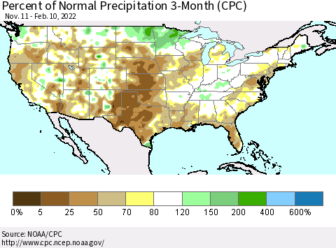 United States Percent of Normal Precipitation 3-Month (CPC) Thematic Map For 11/11/2021 - 2/10/2022