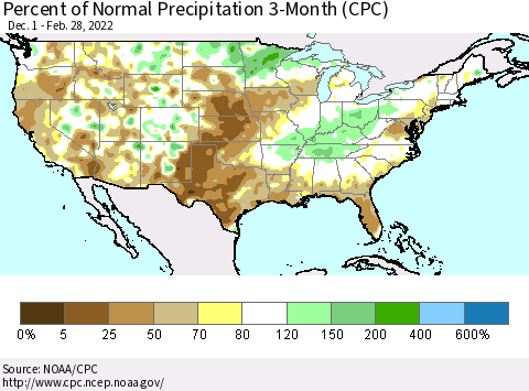 United States Percent of Normal Precipitation 3-Month (CPC) Thematic Map For 12/1/2021 - 2/28/2022