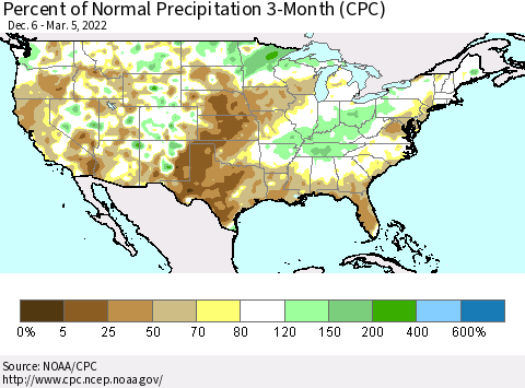 United States Percent of Normal Precipitation 3-Month (CPC) Thematic Map For 12/6/2021 - 3/5/2022