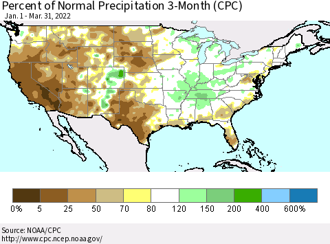 United States Percent of Normal Precipitation 3-Month (CPC) Thematic Map For 1/1/2022 - 3/31/2022
