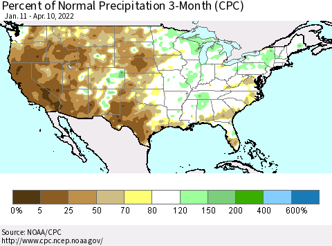 United States Percent of Normal Precipitation 3-Month (CPC) Thematic Map For 1/11/2022 - 4/10/2022
