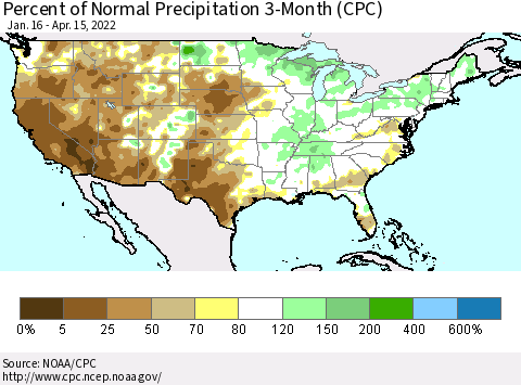 United States Percent of Normal Precipitation 3-Month (CPC) Thematic Map For 1/16/2022 - 4/15/2022