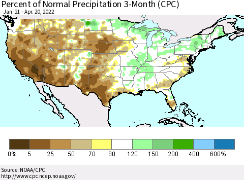 United States Percent of Normal Precipitation 3-Month (CPC) Thematic Map For 1/21/2022 - 4/20/2022