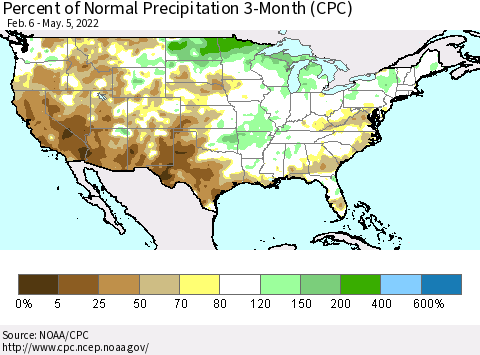 United States Percent of Normal Precipitation 3-Month (CPC) Thematic Map For 2/6/2022 - 5/5/2022