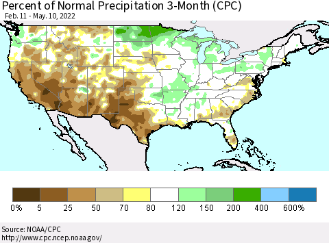 United States Percent of Normal Precipitation 3-Month (CPC) Thematic Map For 2/11/2022 - 5/10/2022
