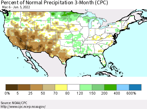 United States Percent of Normal Precipitation 3-Month (CPC) Thematic Map For 3/6/2022 - 6/5/2022