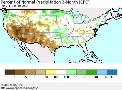 United States Percent of Normal Precipitation 3-Month (CPC) Thematic Map For 3/11/2022 - 6/10/2022