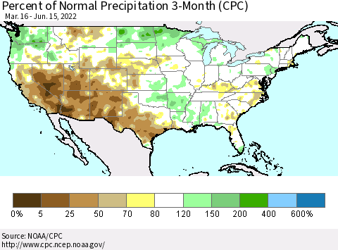 United States Percent of Normal Precipitation 3-Month (CPC) Thematic Map For 3/16/2022 - 6/15/2022