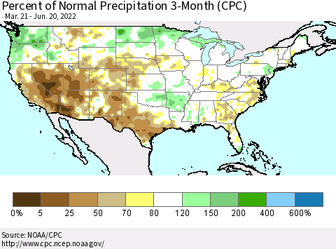 United States Percent of Normal Precipitation 3-Month (CPC) Thematic Map For 3/21/2022 - 6/20/2022
