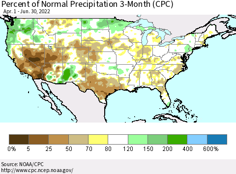 United States Percent of Normal Precipitation 3-Month (CPC) Thematic Map For 4/1/2022 - 6/30/2022