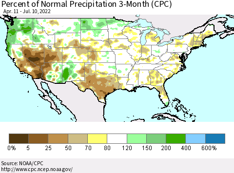 United States Percent of Normal Precipitation 3-Month (CPC) Thematic Map For 4/11/2022 - 7/10/2022