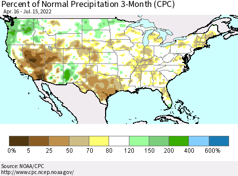 United States Percent of Normal Precipitation 3-Month (CPC) Thematic Map For 4/16/2022 - 7/15/2022