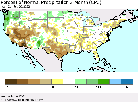 United States Percent of Normal Precipitation 3-Month (CPC) Thematic Map For 4/21/2022 - 7/20/2022