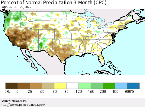 United States Percent of Normal Precipitation 3-Month (CPC) Thematic Map For 4/26/2022 - 7/25/2022
