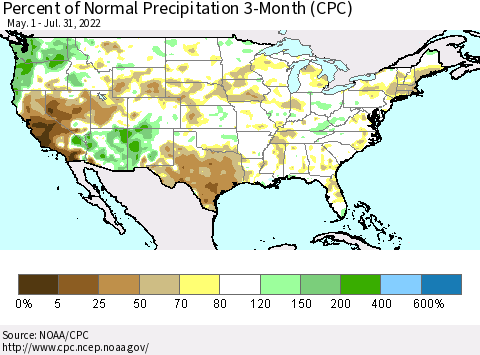 United States Percent of Normal Precipitation 3-Month (CPC) Thematic Map For 5/1/2022 - 7/31/2022
