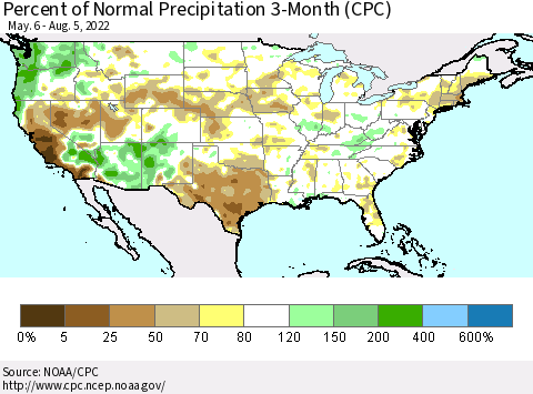 United States Percent of Normal Precipitation 3-Month (CPC) Thematic Map For 5/6/2022 - 8/5/2022
