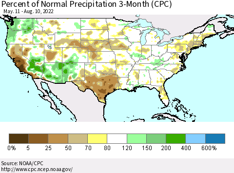 United States Percent of Normal Precipitation 3-Month (CPC) Thematic Map For 5/11/2022 - 8/10/2022