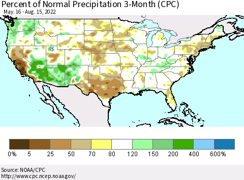 United States Percent of Normal Precipitation 3-Month (CPC) Thematic Map For 5/16/2022 - 8/15/2022