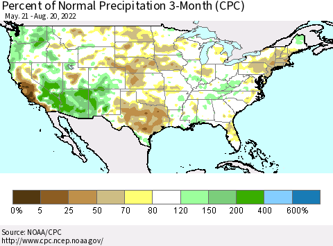 United States Percent of Normal Precipitation 3-Month (CPC) Thematic Map For 5/21/2022 - 8/20/2022