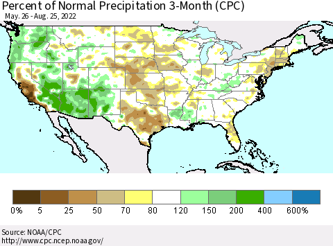 United States Percent of Normal Precipitation 3-Month (CPC) Thematic Map For 5/26/2022 - 8/25/2022