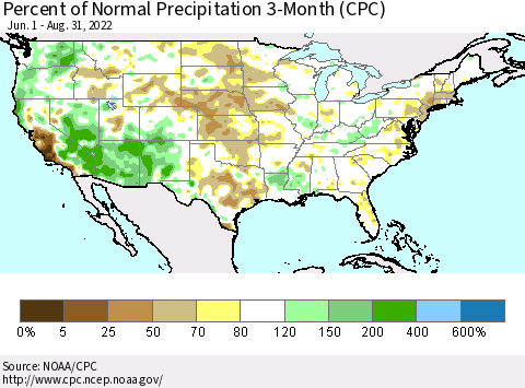 United States Percent of Normal Precipitation 3-Month (CPC) Thematic Map For 6/1/2022 - 8/31/2022