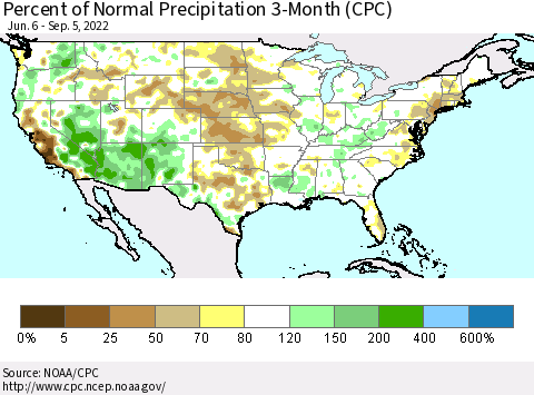 United States Percent of Normal Precipitation 3-Month (CPC) Thematic Map For 6/6/2022 - 9/5/2022