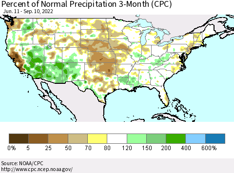 United States Percent of Normal Precipitation 3-Month (CPC) Thematic Map For 6/11/2022 - 9/10/2022