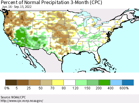 United States Percent of Normal Precipitation 3-Month (CPC) Thematic Map For 6/16/2022 - 9/15/2022