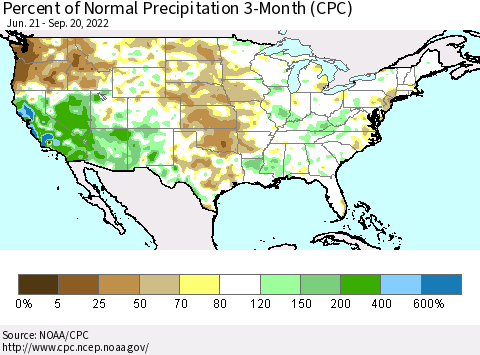 United States Percent of Normal Precipitation 3-Month (CPC) Thematic Map For 6/21/2022 - 9/20/2022