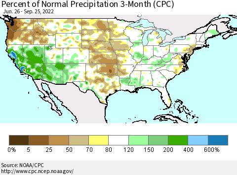 United States Percent of Normal Precipitation 3-Month (CPC) Thematic Map For 6/26/2022 - 9/25/2022
