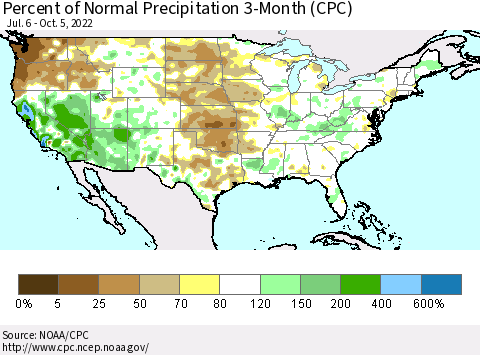 United States Percent of Normal Precipitation 3-Month (CPC) Thematic Map For 7/6/2022 - 10/5/2022