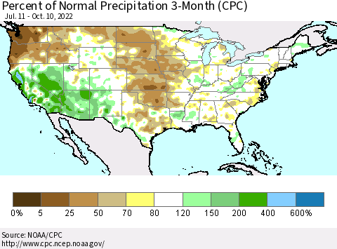United States Percent of Normal Precipitation 3-Month (CPC) Thematic Map For 7/11/2022 - 10/10/2022