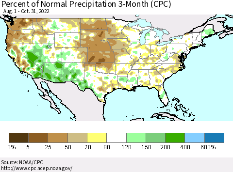 United States Percent of Normal Precipitation 3-Month (CPC) Thematic Map For 8/1/2022 - 10/31/2022
