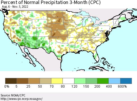 United States Percent of Normal Precipitation 3-Month (CPC) Thematic Map For 8/6/2022 - 11/5/2022
