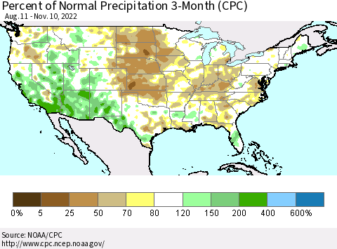 United States Percent of Normal Precipitation 3-Month (CPC) Thematic Map For 8/11/2022 - 11/10/2022