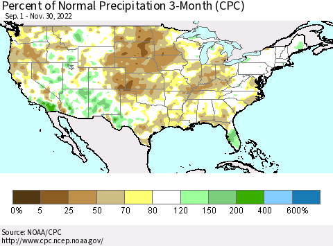 United States Percent of Normal Precipitation 3-Month (CPC) Thematic Map For 9/1/2022 - 11/30/2022